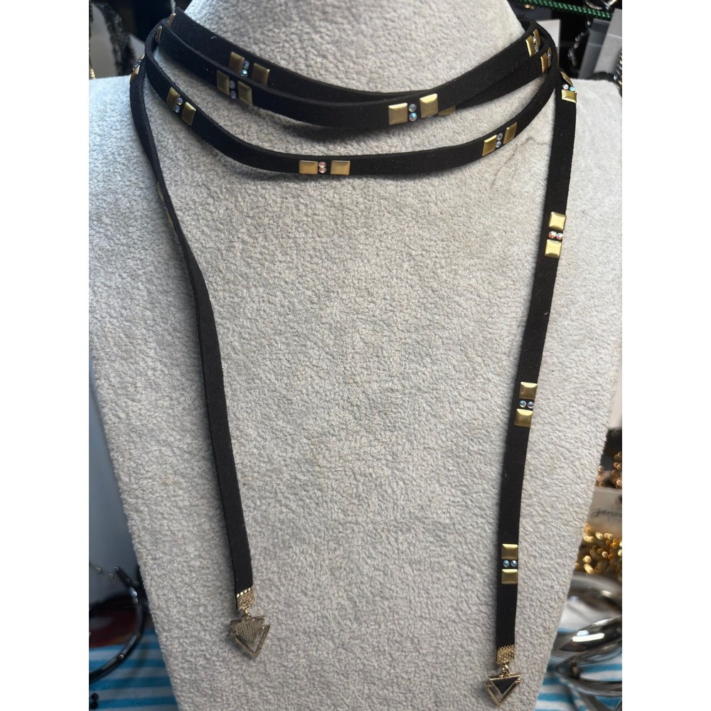 #48. Boho Chic Black Suede Lariat Wrap Necklace with Gold Stud Accents